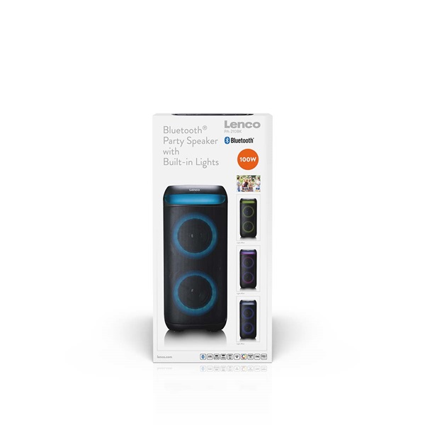 Lenco PA-210BK Bluetooth 5.3 bulihangszóró beépített világítással , TWS, 100W erősítővel, 2x mikrofon bemenet