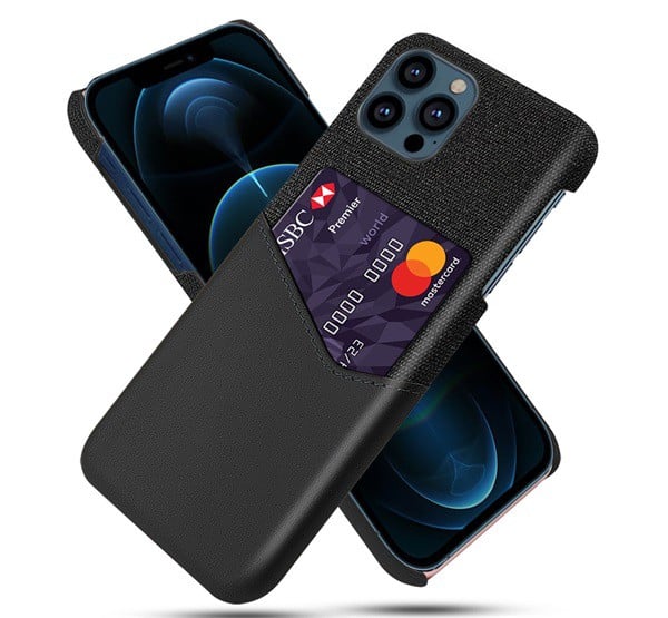 Műanyag telefonvédő (közepesen ütésálló, bankkártya tartó, textil bevonat, bőr hatású hátlap) FEKETE [Apple iPhone 13 Pro]