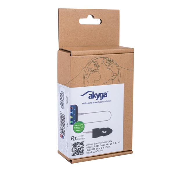 Akyga USB-A + USB-C PD autós töltő fekete (AK-CH-16)