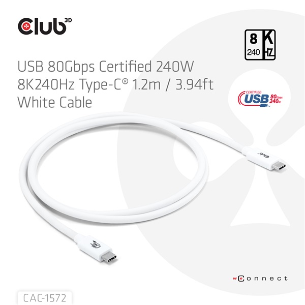 Club3D Kábel -  (USB4 Type-C, 240W PD, 80Gbps, 8K240Hz, 4K540Hz, Bidirectional, 1,2m, fekete) (CAC-1572)