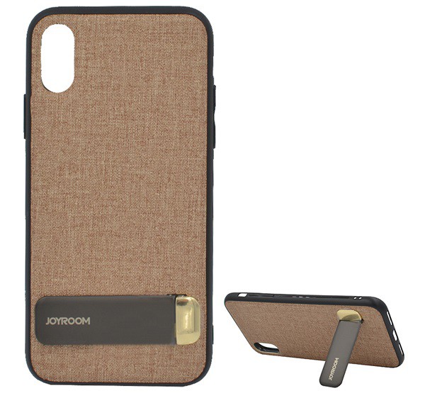 JOYROOM szilikon telefonvédő (textil bevonat, kitámasztó) BARNA [Apple iPhone XS 5.8]