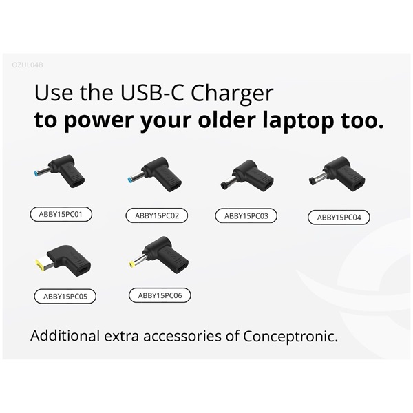 Conceptronic  OZUL04BE USB-C  67W 3,3-21V 1,8m Univerzális Töltő adapter Fekete  