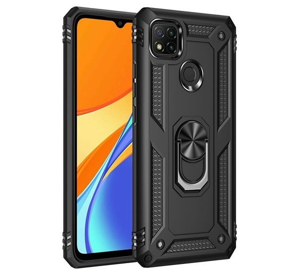 Defender műanyag telefonvédő (közepesen ütésálló, szilikon belső, telefontartó gyűrű, beépített fémlemez) FEKETE [Xiaomi Redmi 9C]