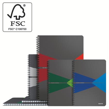 Spirálfüzet, A5, vonalas, 90 lap, laminált karton borító, LEITZ "Office", szürke-piros