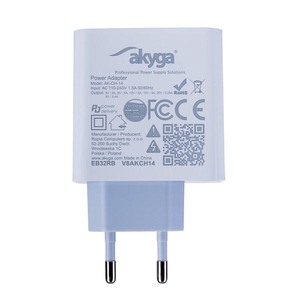 Akyga USB-A + USB-C PD hálózati töltő adapter fehér (AK-CH-14)