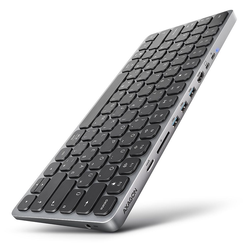 Axagon HMC-KB-US billentyűzet US beépített 9in1 USB-C hubbal ezüst Axagon HMC-KB-US billentyűzet US beépített 9in1 USB-C hubbal ezüst