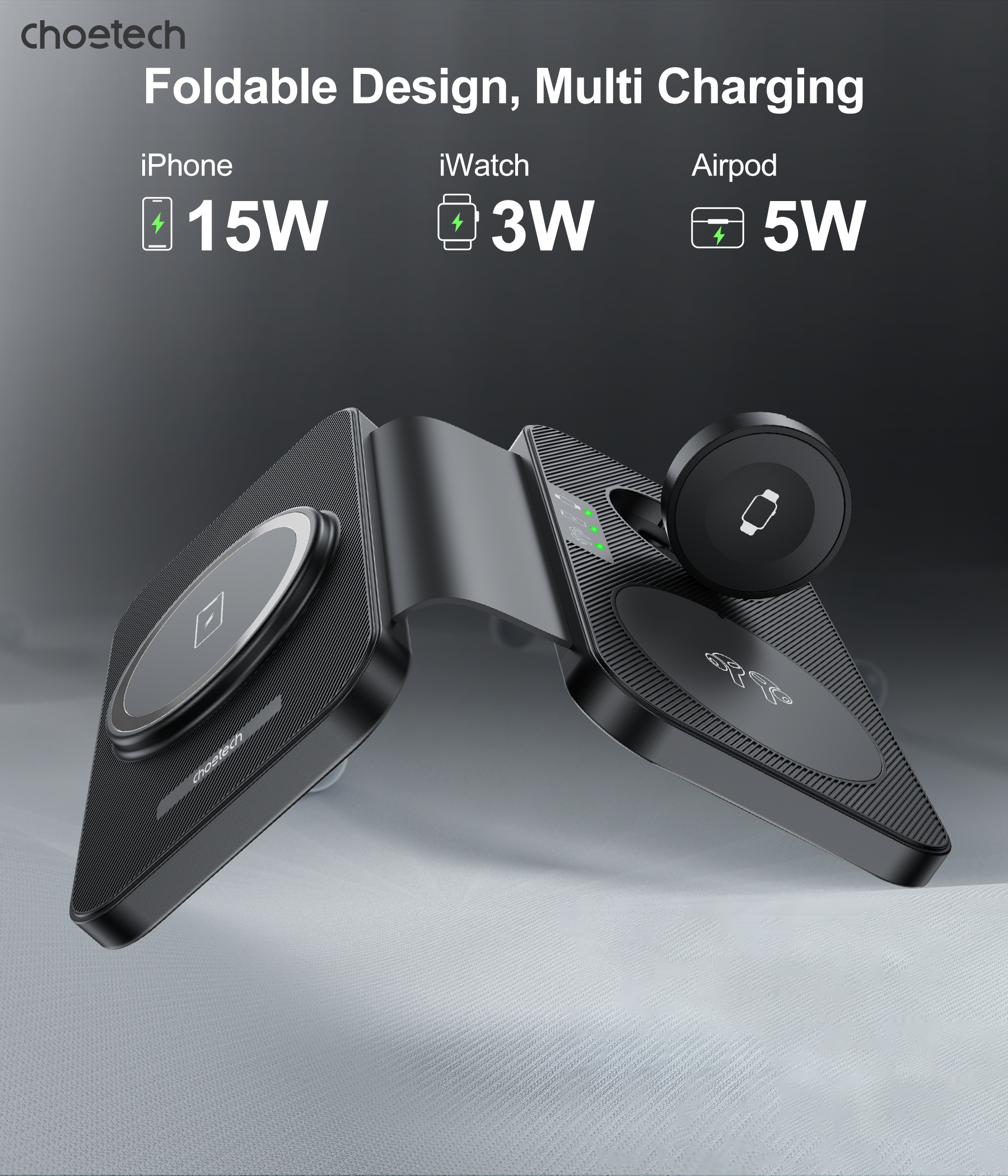 Choetech 3-1 hajtogatható  wireless töltő Fekete  
