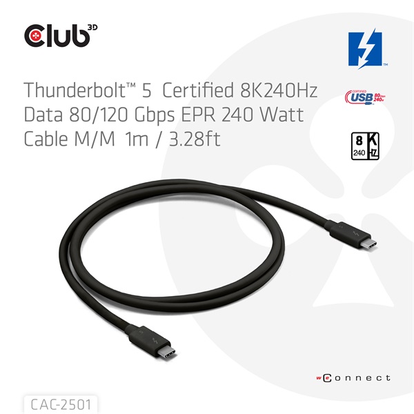 Club 3D CAC-2501  Thunderbolt 5 USB-C to USB-C  240W 80/120 Gbps EPR  8K240Hz  1m Kábel  