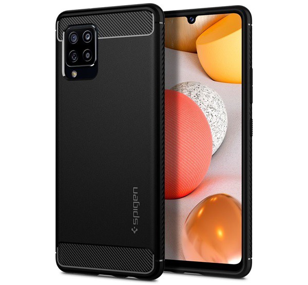 SPIGEN RUGGED ARMOR szilikon telefonvédő (közepesen ütésálló, légpárnás sarok, karbon minta) FEKETE [Samsung Galaxy A42 5G (SM-A425F)]