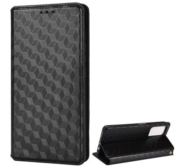 Tok álló, bőr hatású (FLIP, oldalra nyíló, asztali tartó funkció, teljes 3D rombusz minta, prémium) FEKETE [Xiaomi Poco M4 Pro 5G]