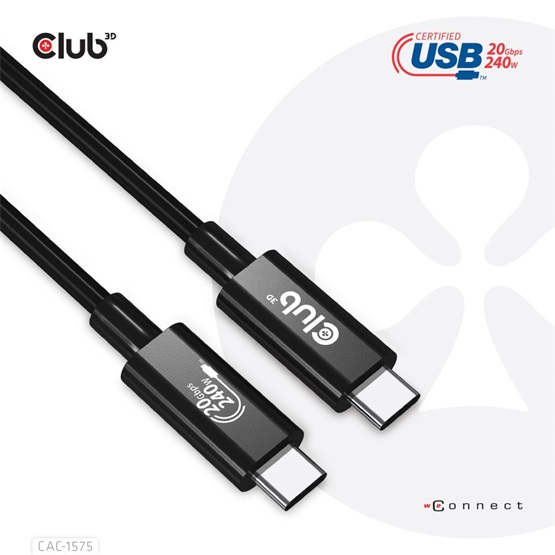 Club3D USB4 Gen2x2 Type-C Bi-Directional USB-IF Certified 4K60Hz Data 20Gbps PD 240W(48V/5A) EPR kábel Club3D USB4 Gen2x2 Type-C Bi-Directional USB-IF Certified 4K60Hz Data 20Gbps PD 240W(48V/5A) EPR kábel