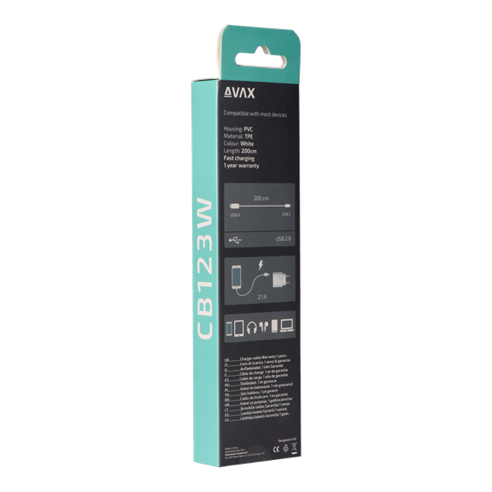  AVAX CB123W PURE USB A-Type C kábel 2.1A  2m fehér 