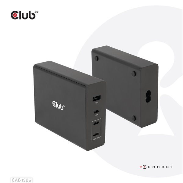 Club 3D  CAC-1906  132W GaN  2x USB-A  2x USB-C  PD3.0, 4 csatlakozó Hálózati Töltő 