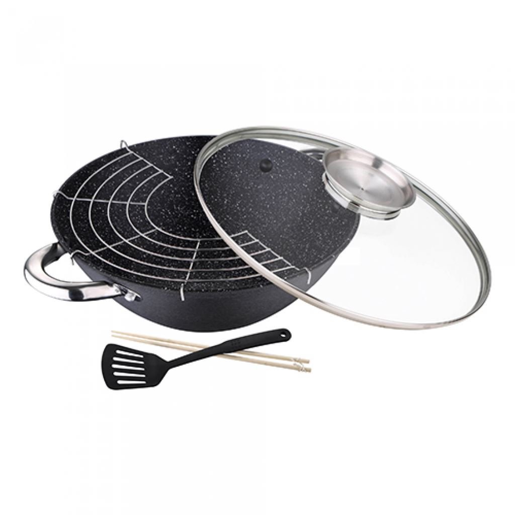 Masterpro öntöttvas wok üvegfedővel 28cm, spatulával, ráccsal és evőpálcikával (BGMP-3802) Masterpro öntöttvas wok üvegfedővel 28cm, spatulával, ráccsal és evőpálcikával (BGMP-3802)