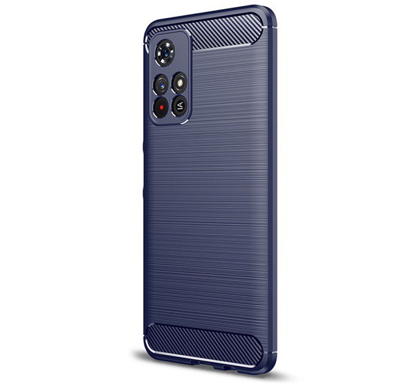 Szilikon telefonvédő (közepesen ütésálló, légpárnás sarok, szálcsiszolt, karbon minta) SÖTÉTKÉK [Xiaomi Poco M4 Pro 5G]