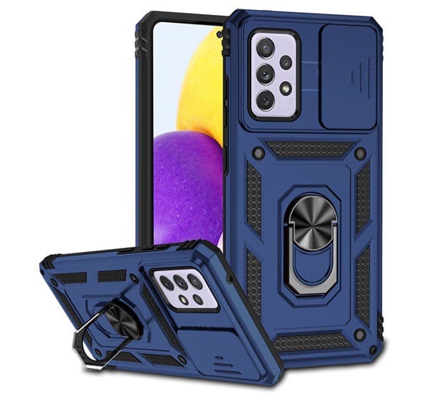 Defender műanyag telefonvédő (közepesen ütésálló, szilikon belső, telefontartó gyűrű, kamera védelem) KÉK [Samsung Galaxy A52s 5G ...