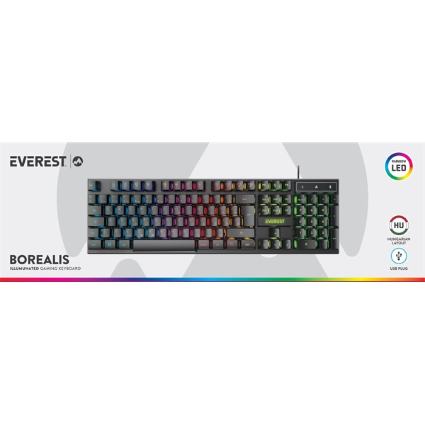 Everest  KB-188 Borealis Rainbow N-key Fekete RGB LED Gamer Billentyűzet HU
