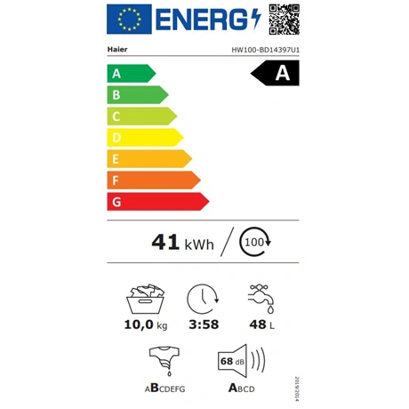 Haier HW100-BD14397U1S Elöltöltős mosógép Fehér/Fekete - 10 kg, A Energiaosztály