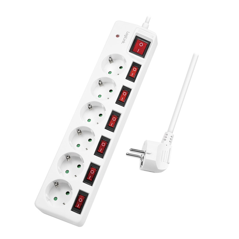 Logilink Elosztó 6-os 7 kapcsolóval, 6x CEE 7/3, fehér (LPS250)