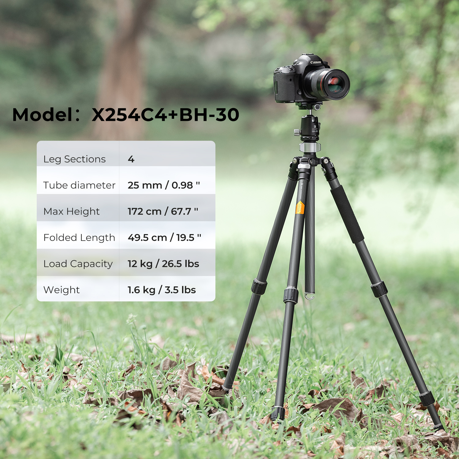 K&F Concept X254C4+BH-30 karbon állvány + monopod, 172cm magasság, 12kg teherbírás