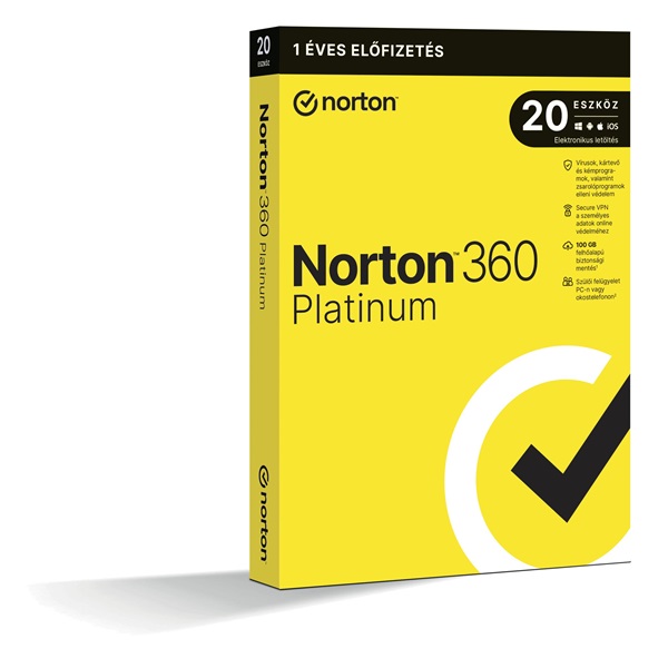 NortonLifeLock Norton 360 Platinum 100GB 1 felhasználó 20 eszköz 1 év dobozos vírusirtó szoftver (21428042)
