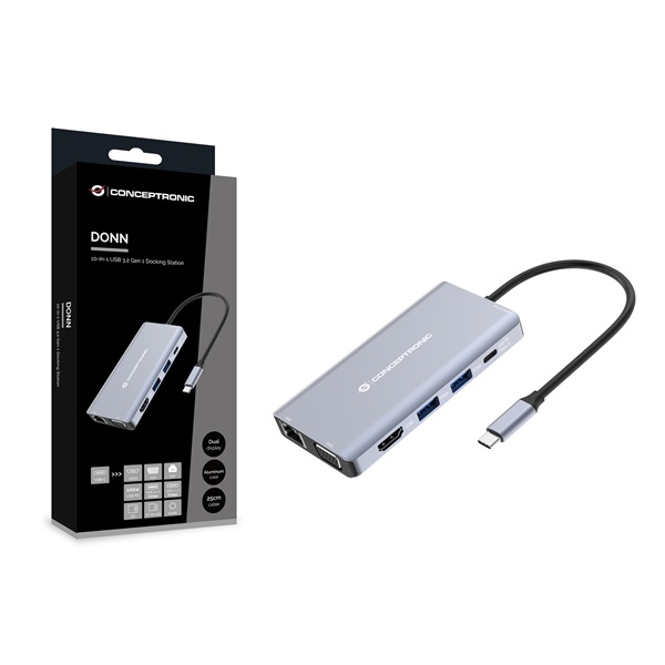 Conceptronic    DONN20G  USB-C to HDMI/VGA/USB-C PD/USB 3.0/SD/TF/GbE/AUX  Notebook Dokkoló