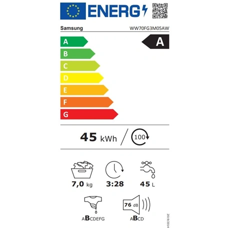 Samsung WW70FG3M05AWLE Elöltöltős mosógép Fehér/Fekete - 7 kg, A Energiaosztály