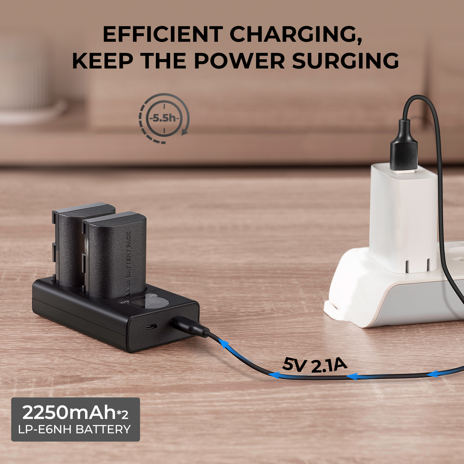 K&F Concept hordozható dupla USB-C akkumulátor LC-E6 töltő + 2db LP-E6NH akkumulátor 2250mAh