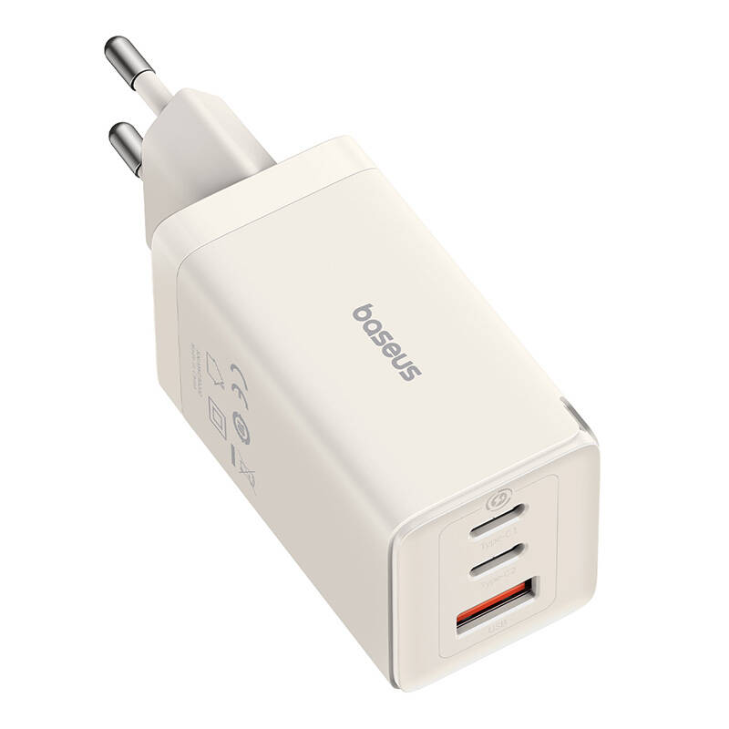 Wall charger Baseus GaN5 2x USB-C + USB, 65W + cable 1m (white)