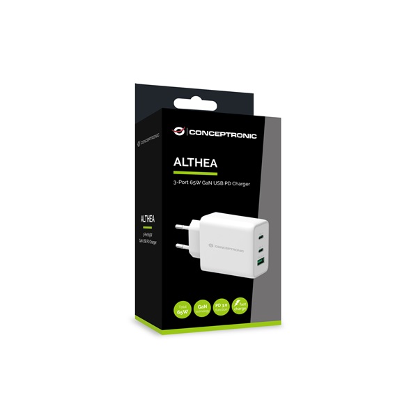 Conceptronic ALTHEA12W 2xUSB-C+USB-A 65W telefon töltő adapter Fehér Conceptronic ALTHEA12W 2xUSB-C+USB-A 65W telefon töltő adapter Fehér