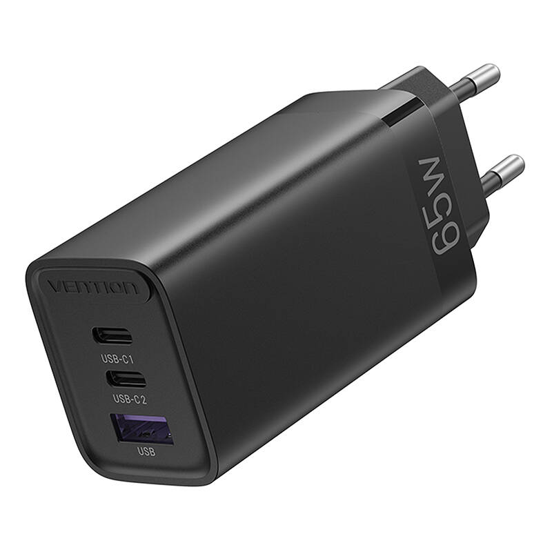 Vention FEDB0-EU 2xUSB-C 1xUSB-A 65W/30W/30W GaN hálózati töltő Fekete