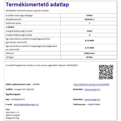 Evido BOR63A.2  LÉGKEVERÉSES  Beépíthető sütő