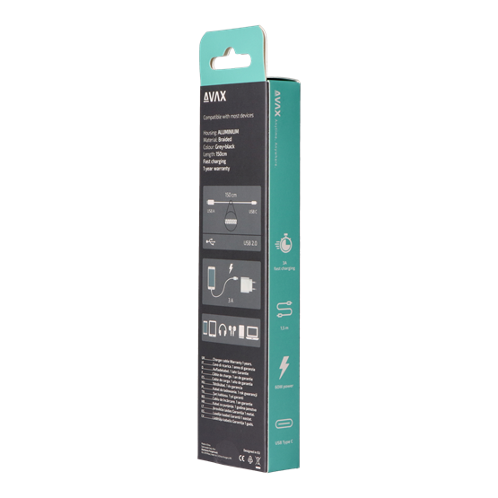  AVAX CB301G STEELY USB A-Type C 60W  1,5m 3A gyorstöltő kábel  acélszürke 