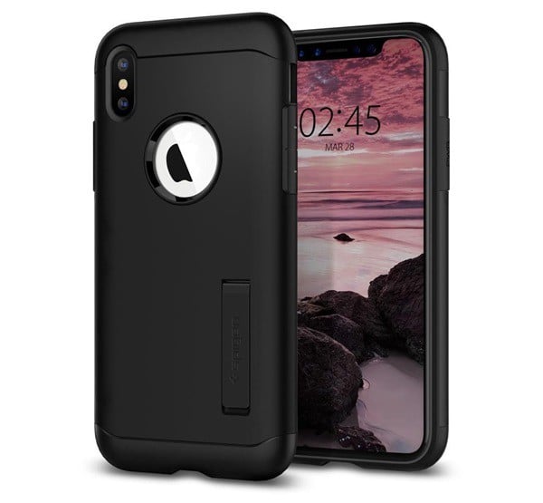 SPIGEN SLIM ARMOR szilikon telefonvédő (közepesen ütésálló, műanyag hátlap, kitámasztó, logo kivágás) FEKETE [Apple iPhone XS Max 6.5]