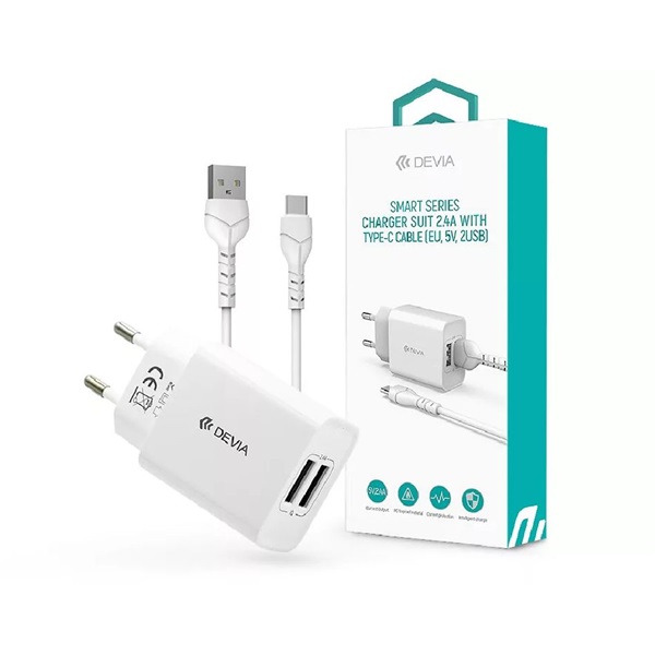 Devia ST364037 2xUSB 2,1A fehér hálózati töltő adapter + USB - Type-C 1m kábel Devia ST364037 2xUSB 2,1A fehér hálózati töltő adapter + USB - Type-C 1m kábel