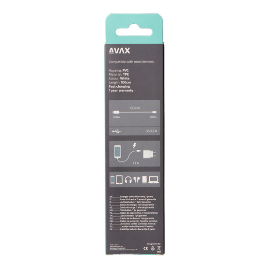  AVAX CB103W PURE 2.1A  1m USB A-Type C kábel    Fehér 