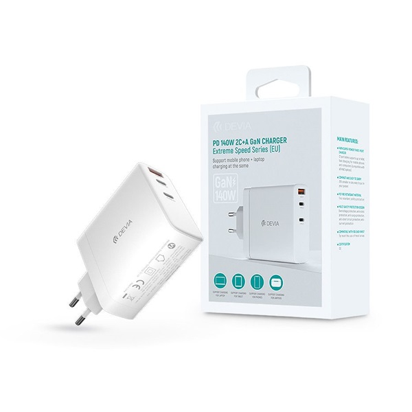 Devia ST366147 GaN 140W USB + 2xType-C hálózati töltő adapter Devia ST366147 GaN 140W USB + 2xType-C hálózati töltő adapter
