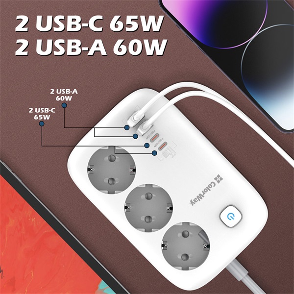 COLORWAY CW-CHE34PDW  3 dugalj 4xUSB (2xUSB-A, 2XTYPE-C) GaN3 Pro PD 2m  65W  Hálózati elosztó Fekete