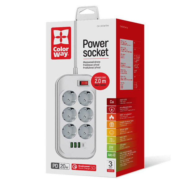COLORWAY  CW-CHE64PDW  6 tápcsatlakozó/4USB (C típusú PD20W + 3USB QC3.0) (38W) Hálózati elosztó  Fehér 2M