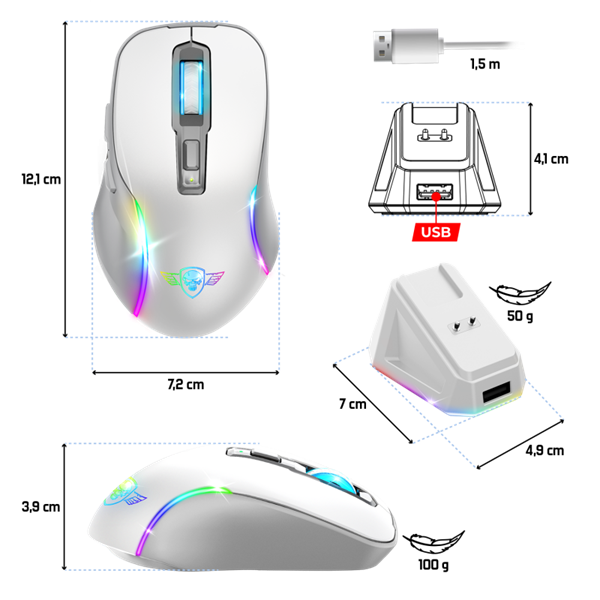 Spirit of Gamer  ELITE-M50 White RGB  Vezeték nélküli Egér Fehér 