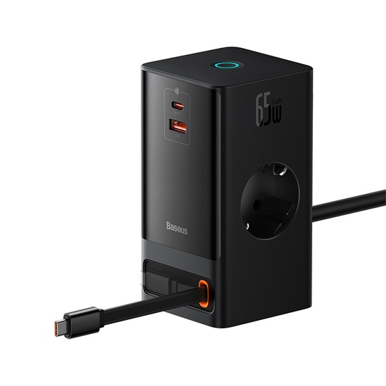 Baseus PowerCombo töltőállomás 65W 2×CEE 7/3 +1×USB Type-A + 1×USB Type-C + USB Type-C kábel Fekete