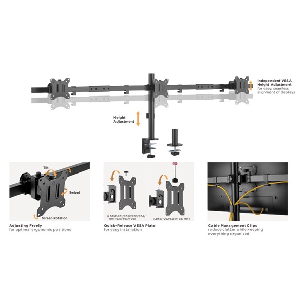 Equip 650158  13"-27"  3 monitor  dönthető  forgatható  Monitor Asztali konzol fekete