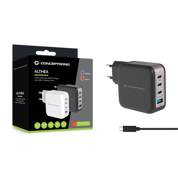 Conceptronic ALTHEA18B 3xUSB-C+USB-A 100W USB-C telefon töltő adapter+kábel Fekete Conceptronic ALTHEA18B 3xUSB-C+USB-A 100W USB-C telefon töltő adapter+kábel Fekete