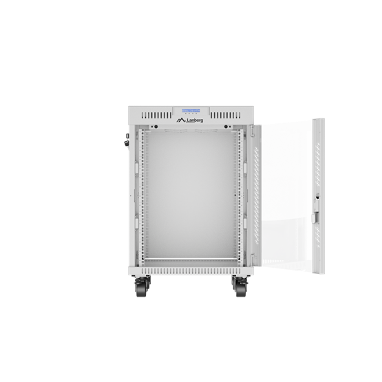 Lanberg 19" szabadon álló rack szekrény 15U/600X600 üvegajtó, lapraszerelt, LCD kijelző, szürke V2