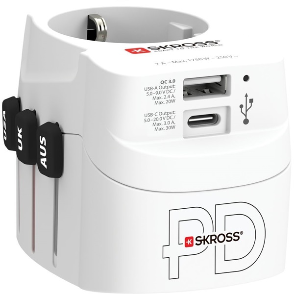 Skross USB A/USB C töltő bemenettel földelt világutazó adapter Skross USB A/USB C töltő bemenettel földelt világutazó adapter