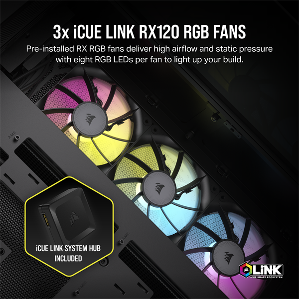 CORSAIR Ház iCUE LINK 6500X RGB, 3x iCUE LINK RX120 RGB Ventilátor, Tápegység nélkül, Edzett Üveg, fekete