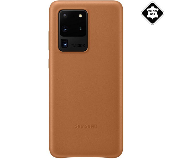 SAMSUNG műanyag telefonvédő (valódi bőr hátlap) BARNA [Samsung Galaxy S20 Ultra 5G (SM-G988B)]