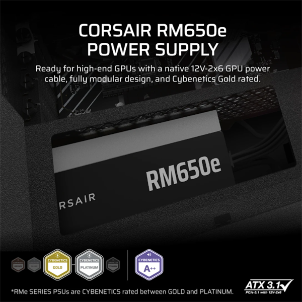 CORSAIR Moduláris RM650e 650W 12cm  ATX 3.1 PCIe 5.1  BOX  Cybenetics Gold Tápegység 
