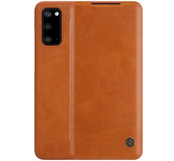 NILLKIN QIN tok álló, bőr hatású (FLIP, oldalra nyíló, bankkártya tartó) BARNA [Samsung Galaxy S20 5G (SM-G981U)]