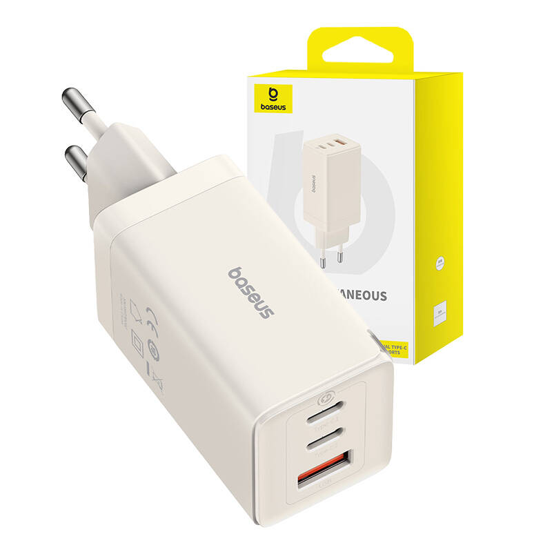 Wall charger Baseus GaN5 2x USB-C + USB, 65W + cable 1m (white)